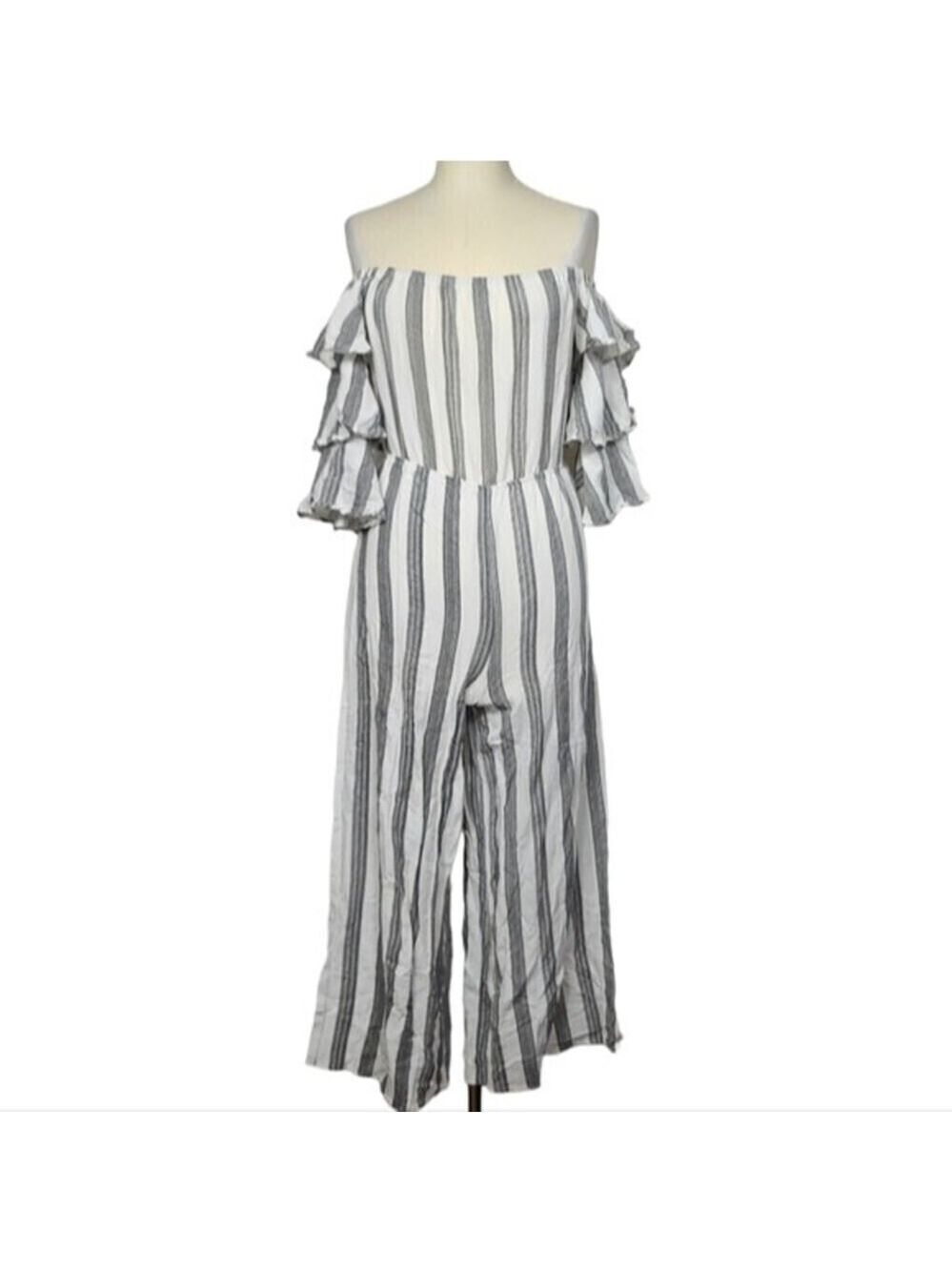 Flying Tomato Off Shoulder Striped White Gray Jumpsuit XS